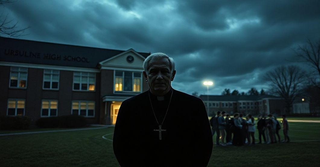Ursuline High School facade under stormy skies with shadowy figure of 'Bishop' David Bonnar and distressed students in the distance.