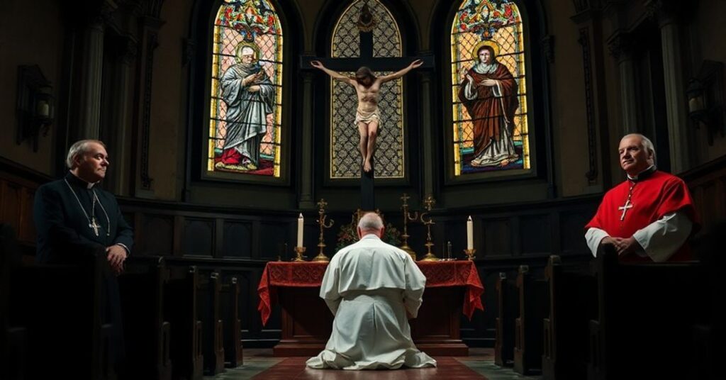 Bishop Jean-Paul Gusching kneeling in penance before a crucifix, flanked by stern-faced "Bishops" Stanislas Lalanne and "Archbishop" Philippe Ballot in a somber church interior.