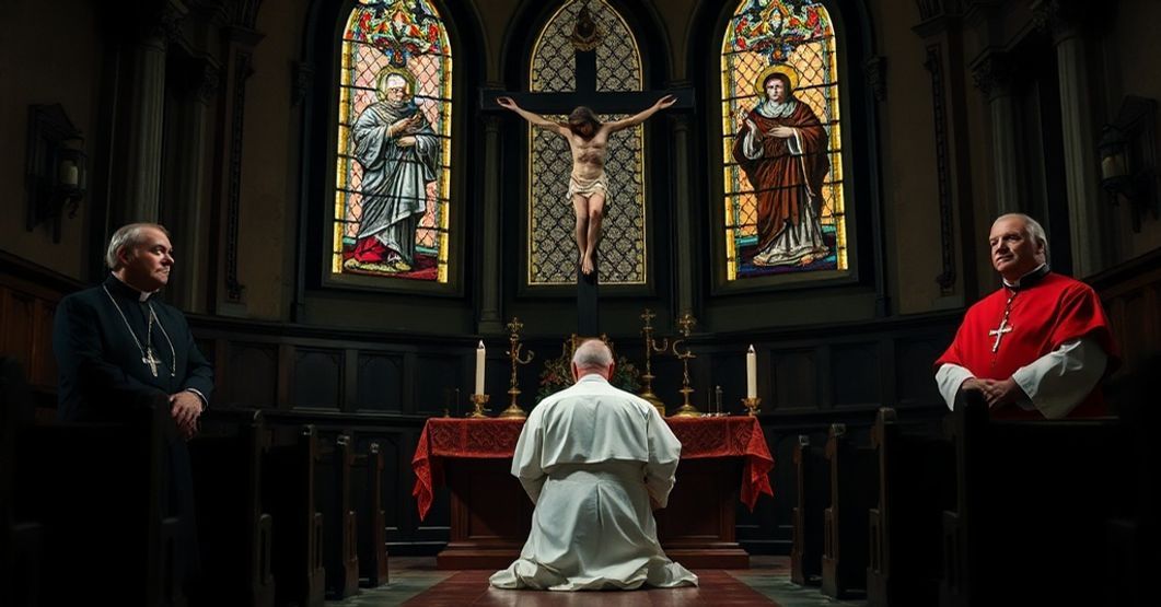 Bishop Jean-Paul Gusching kneeling in penance before a crucifix, flanked by stern-faced "Bishops" Stanislas Lalanne and "Archbishop" Philippe Ballot in a somber church interior.