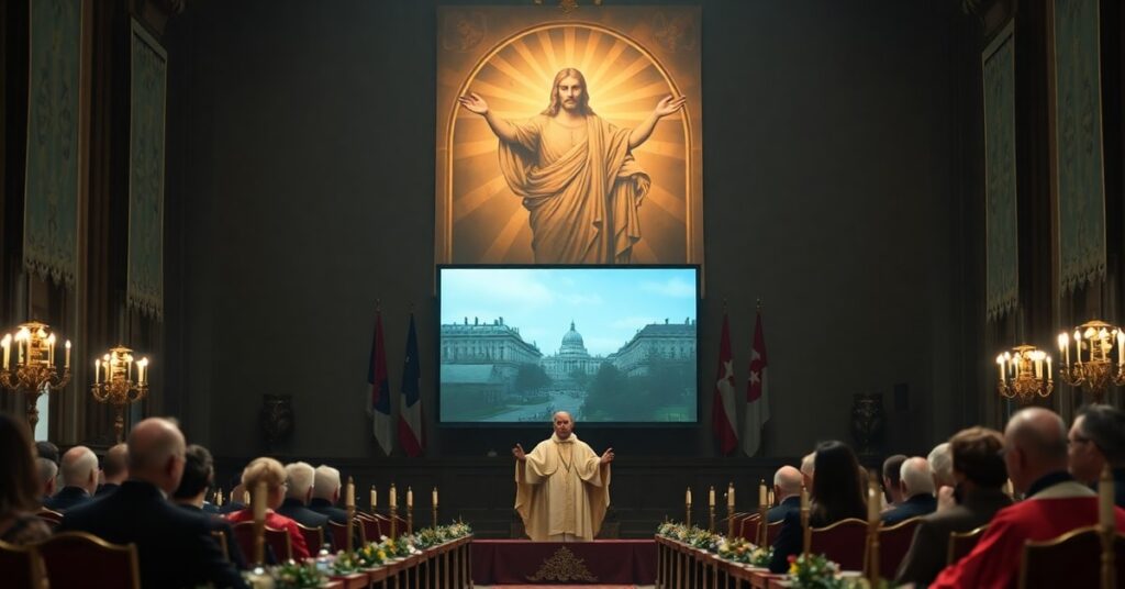 A solemn Catholic critique of modernist environmentalism at the Austrian World Summit, featuring antipope Leo XIV and globalist symbols.