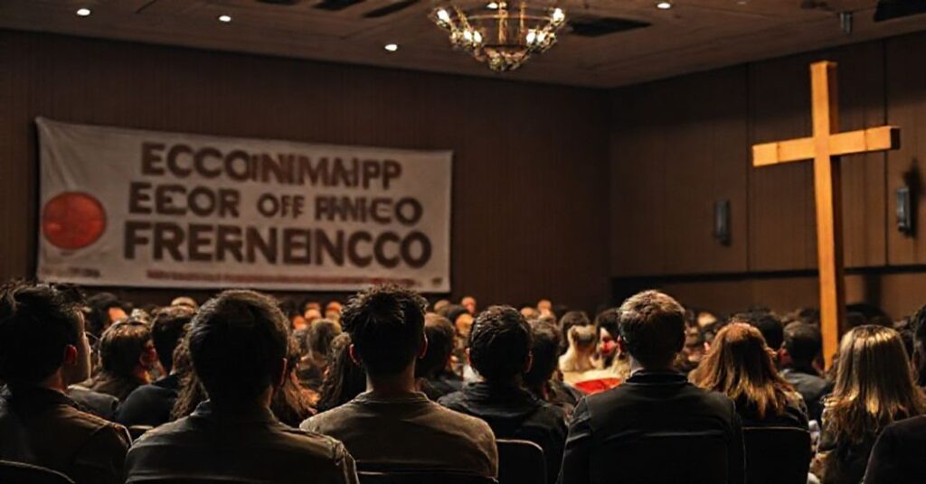 A gathering promoting 'Economy of Francesco' ideology, subtly undermining Catholic social doctrine with socialist slogans and a tilted cross in the background.