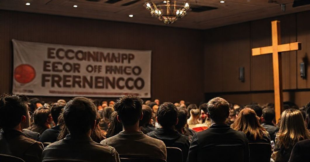 A gathering promoting 'Economy of Francesco' ideology, subtly undermining Catholic social doctrine with socialist slogans and a tilted cross in the background.