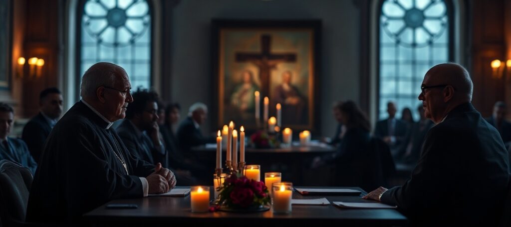 A somber image depicting a Protestant and a Catholic clergyman in ecumenical dialogue, symbolizing the betrayal of Christ's Kingship through modernist compromises in business and finance.