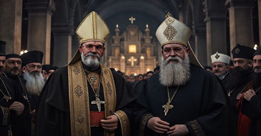 Antipope Leo XIV and Ecumenical Patriarch Bartholomew I at Armenian Apostolic Cathedral in Istanbul, surrounded by schismatic leaders in a solemn, ecumenical gathering that betrays Catholic doctrine.