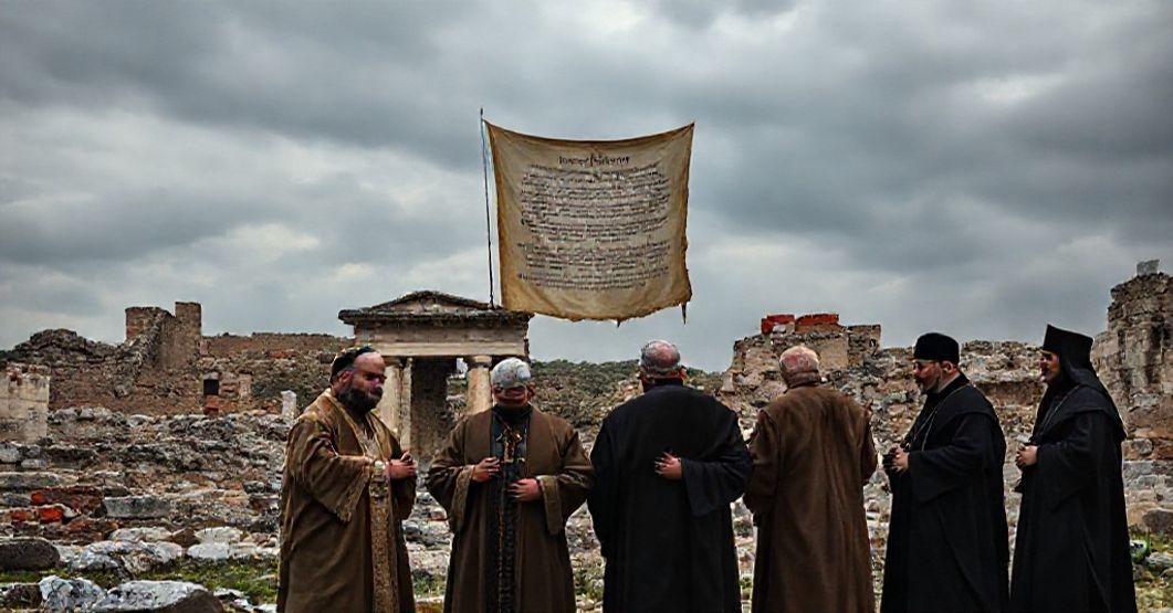Ruins of ancient Nicaea with religious leaders in ecumenical prayer, symbolizing apostasy and betrayal of Catholic Truth.