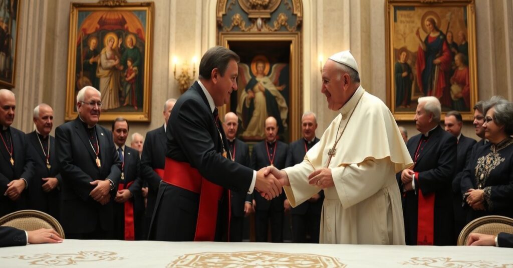 False Pope Leo XIV and Anglican Archbishop Sarah Mullally in a Vatican hall, symbolizing ecumenical apostasy and doctrinal surrender.