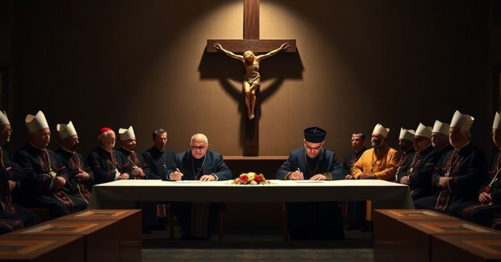 Ecumenical betrayal - Archbishop Gintaras Grušas and Greek Orthodox Archbishop Nikitas signing Charta Oecumenica with antipope Leo XIV in a solemn setting.