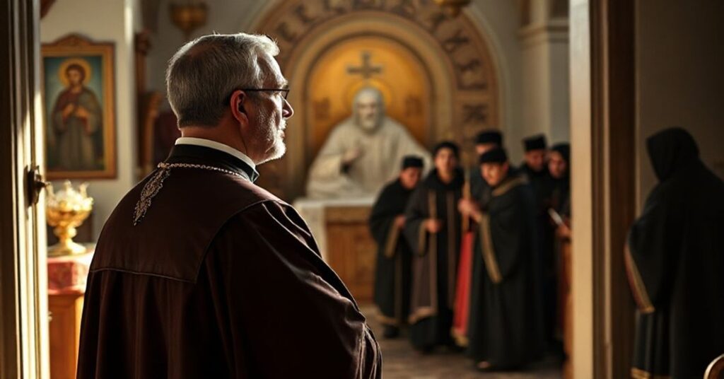 A traditional Catholic priest in solemn reflection contrasts with an ecumenical gathering in a Byzantine chapel, highlighting the distortions of true Catholic devotion.