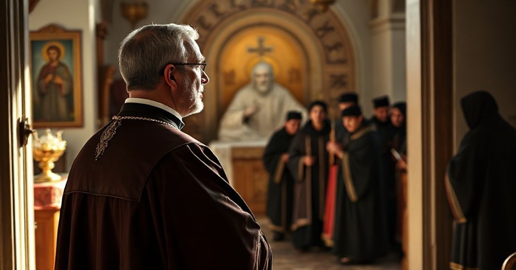 A traditional Catholic priest in solemn reflection contrasts with an ecumenical gathering in a Byzantine chapel, highlighting the distortions of true Catholic devotion.
