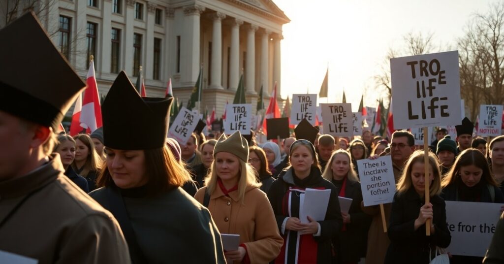 A realistic depiction of the Ecumenical March for Life in Oslo, Norway, highlighting the theological divide between true Catholic faith and false ecumenism.