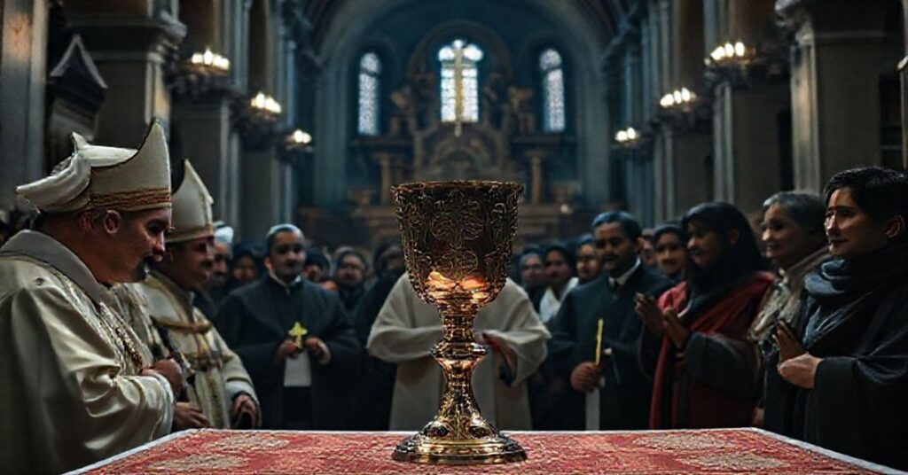 A reverent yet sorrowful scene inside the Cathedral of the Holy Spirit during antipope Leo XIV's ecumenical visit in Istanbul.