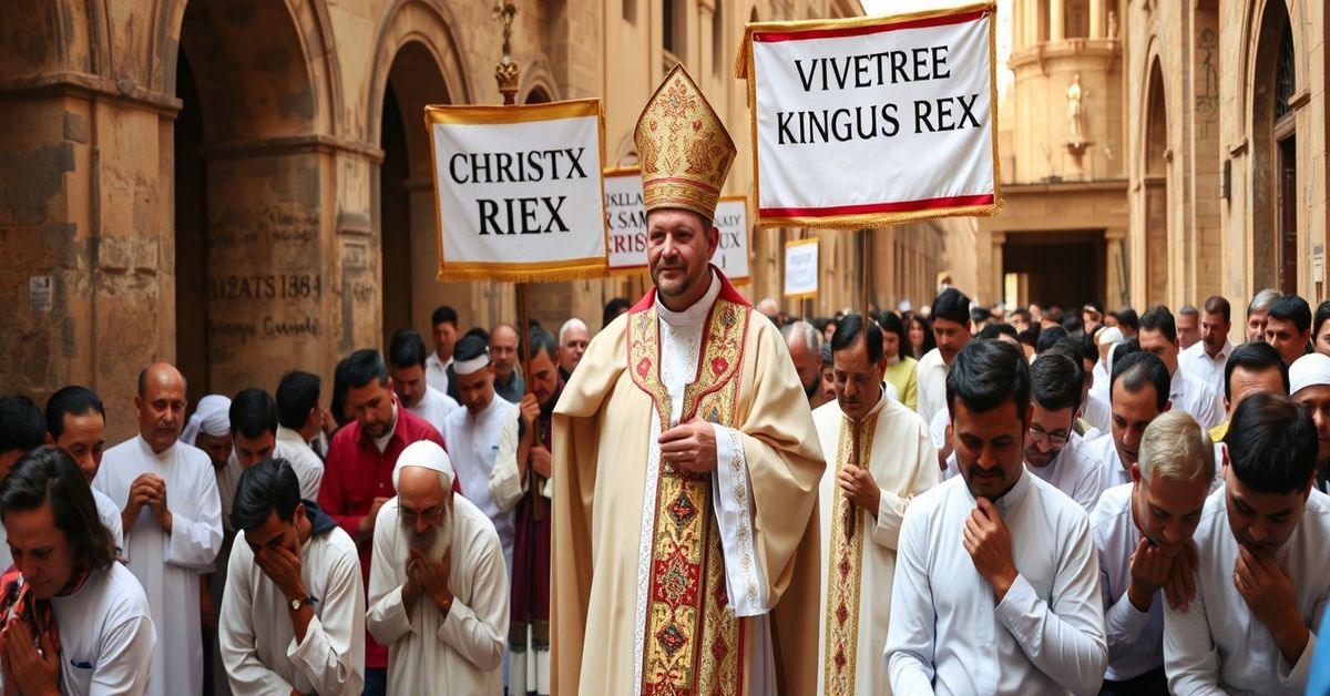 A reverent Catholic procession in Egypt honoring Christ the King, contrasting modern blasphemy laws with the social kingship of Christ.