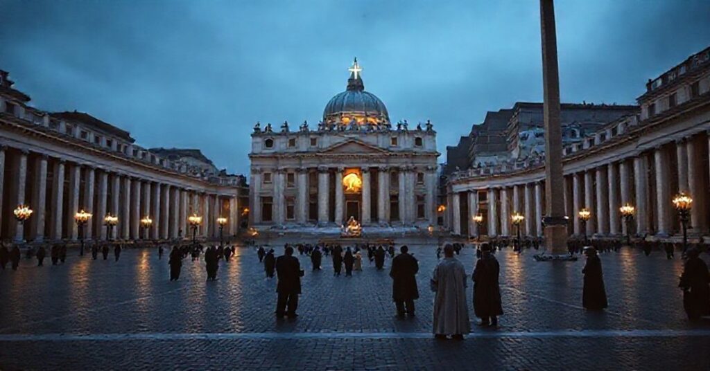 Empty St. Peter's Square during Advent, reflecting the absence of true shepherds and sacramental grace.