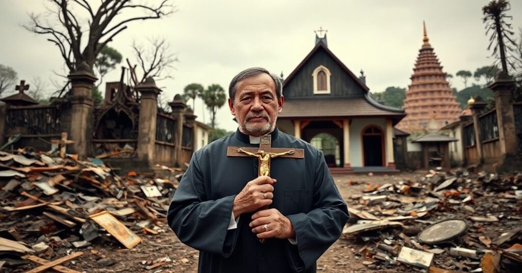 A sedevacantist priest mourning before a destroyed Catholic church in Myanmar, symbolizing the spiritual genocide and abandonment of the true Faith.