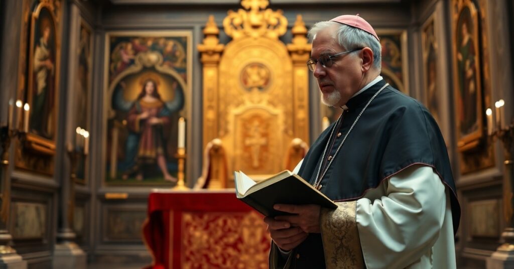 A Catholic bishop in traditional vestments stands before an empty papal throne in a solemn Vatican chapel, reflecting on the theological void left by the modernist usurper 'Pope' Leo XIV.