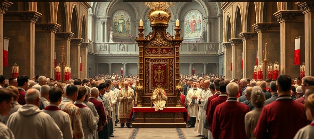 A solemn Catholic Mass in Poland during the 1966 Polish Millennium, depicting the empty papal throne as a symbol of conciliar apostasy and the betrayal of traditional faith.