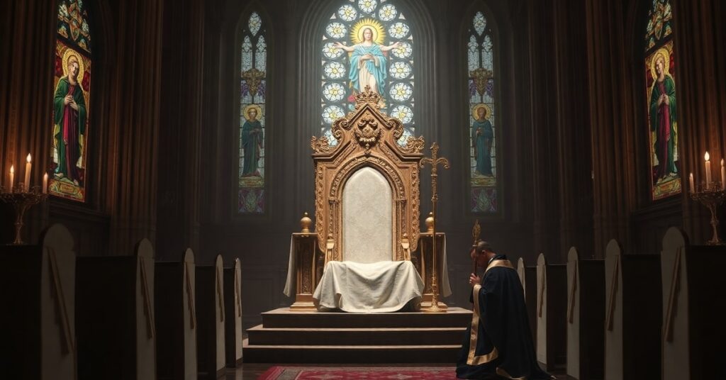 A solemn image of an empty papal throne adorned with liturgical vestments and a broken crozier in a dimly lit Catholic cathedral with stained-glass windows depicting Christ the King. A distant figure of a sedevacantist priest kneels in prayer.
