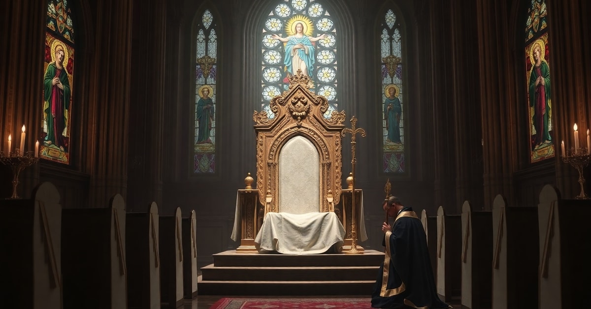 A solemn image of an empty papal throne adorned with liturgical vestments and a broken crozier in a dimly lit Catholic cathedral with stained-glass windows depicting Christ the King. A distant figure of a sedevacantist priest kneels in prayer.