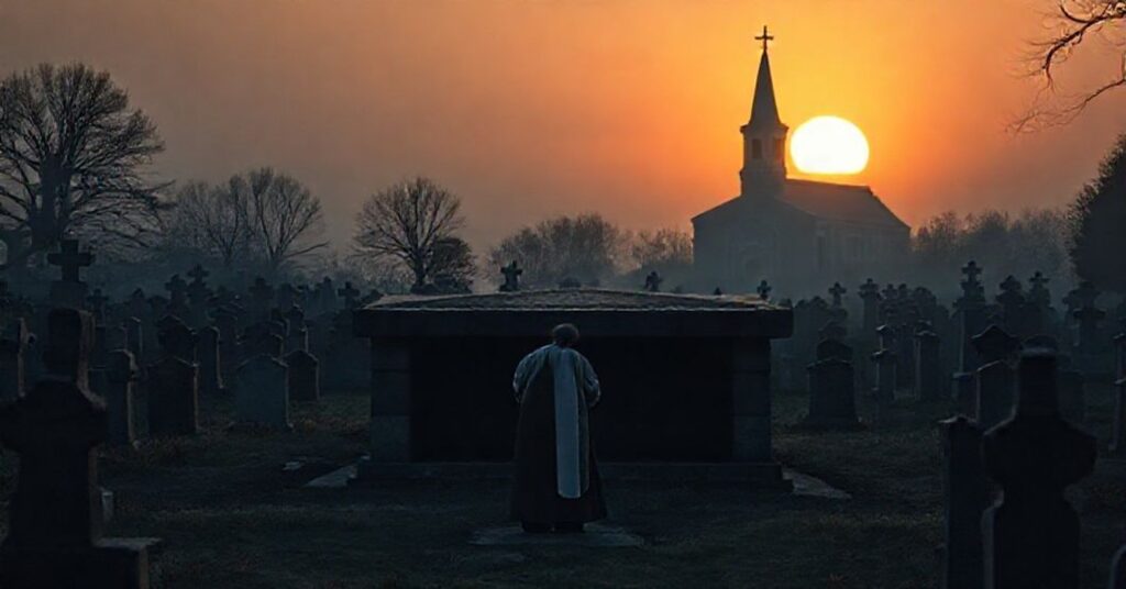 A solemn man in black clerical attire kneels before an empty tomb in a traditional Catholic cemetery at dusk.
