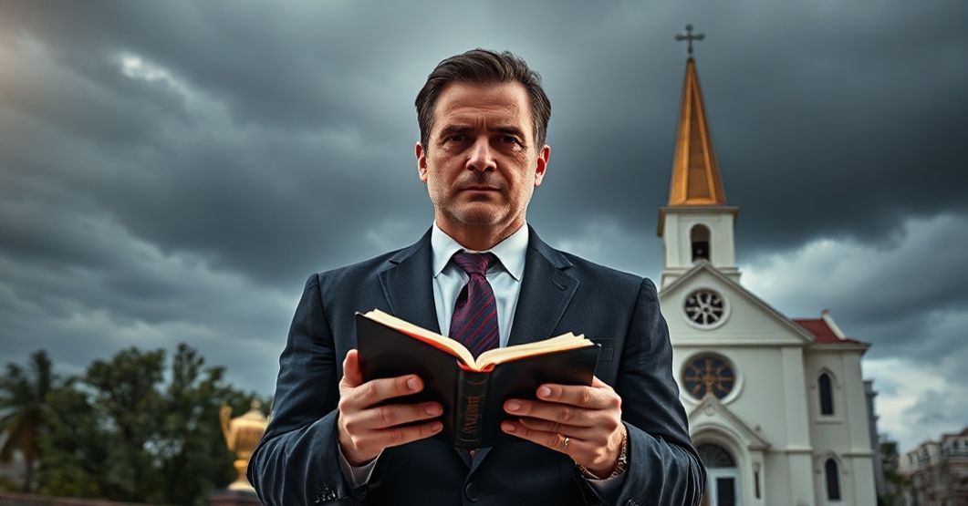 Portait of Enrique Shaw as a modern businessman with biblical elements and corporate symbols.