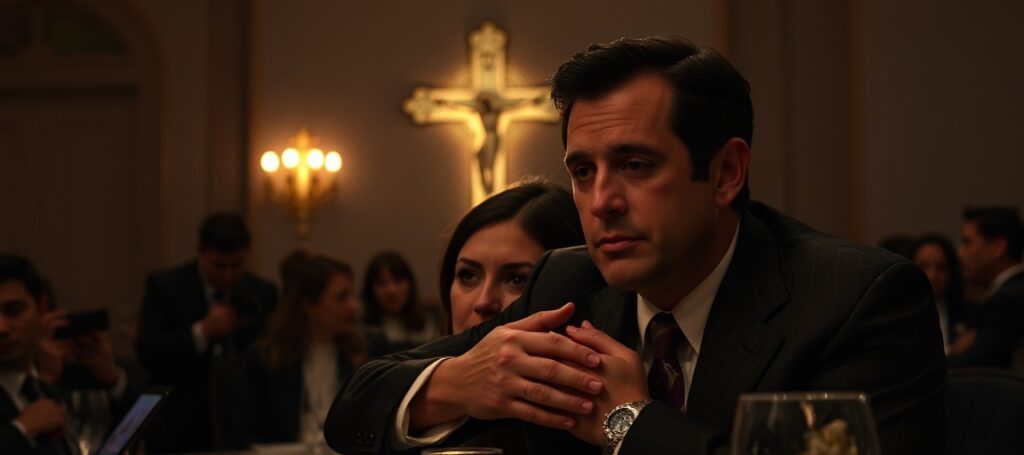 Erik Rosales shielding his wife during the White House Correspondents' Dinner shooting in 2026, with an EWTN producer reciting the St. Michael Prayer in a dimly lit, chaotic scene.