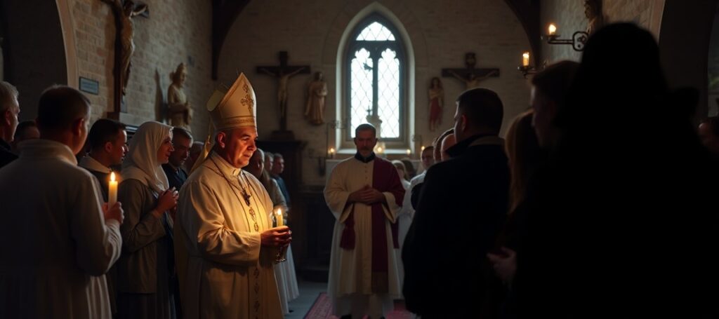 Bishop Philippe Jourdan in Estonia during Easter Vigil baptisms, highlighting the spiritual emptiness of the post-Vatican II Church.