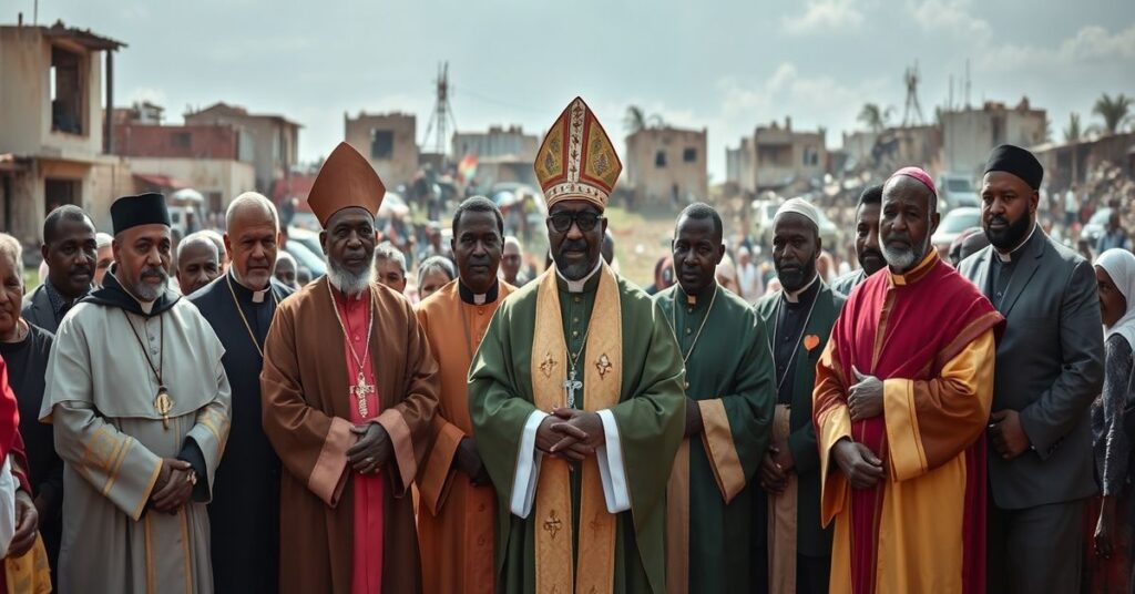 Ethiopian bishops in liturgical vestments condemning violence in a war-torn landscape, reflecting modernist apostasy from traditional Catholic teachings.