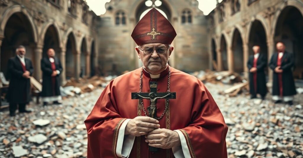 A traditional Catholic bishop in liturgical vestments stands before a ruined church, holding a broken crucifix, symbolizing the surrender of Christ's Kingship to secular authorities.