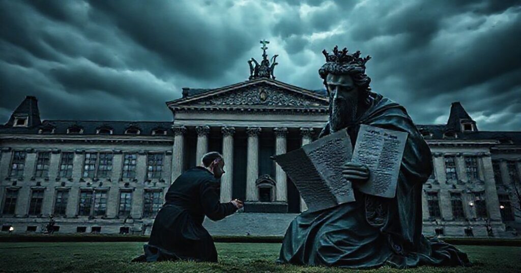 A Catholic priest kneeling in prayer before a statue of Christ the King, holding a torn copy of the EU ruling on homosexual marriage.