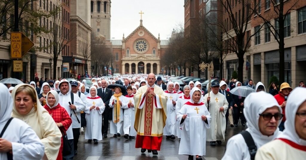 A solemn Eucharistic procession through rainy Baltimore streets, reflecting the spiritual emptiness of post-conciliar Catholicism.