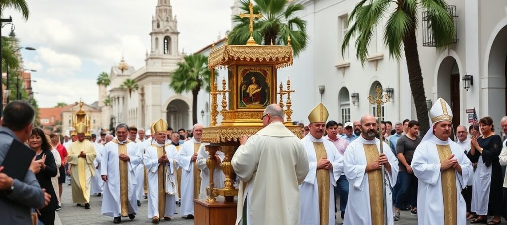 A traditional Catholic Eucharistic procession in St. Augustine, Florida, with Bishop Erik Pohlmeier and pilgrims carrying the Blessed Sacrament along the Cabrini Route.