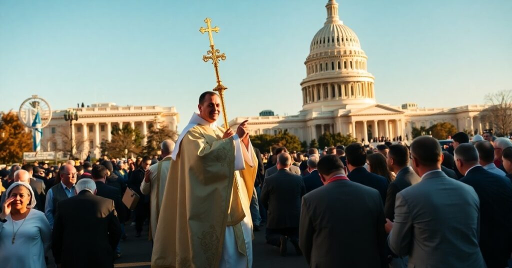 A traditional Catholic Eucharistic procession in Washington, D.C., with the Blessed Sacrament carried past government landmarks, symbolizing the conflict between faith and modernist compromise.