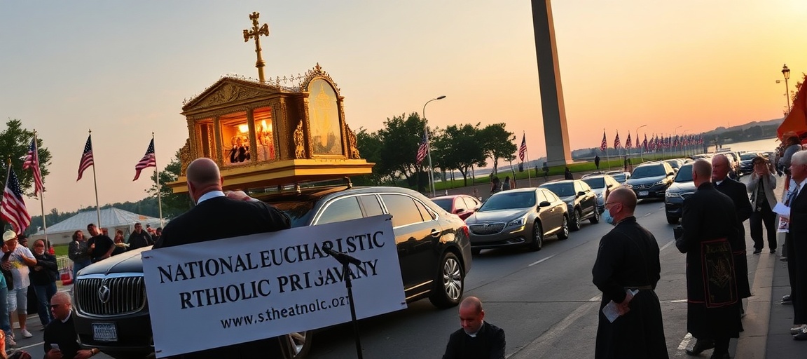 Neo-Church Eucharistic Spectacle: Idolatry Under Masonic Obelisk Controversial National Eucharistic Pilgrimage procession featuring Antipope Leo XIV's video message and invalid sacraments in Philadelphia.