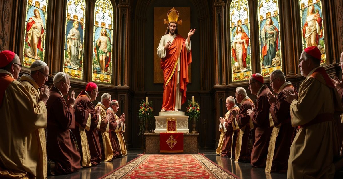 Traditional Catholic bishops kneeling before Christ the King statue in a chapel, symbolizing their opposition to abortion and demand for His public reign.