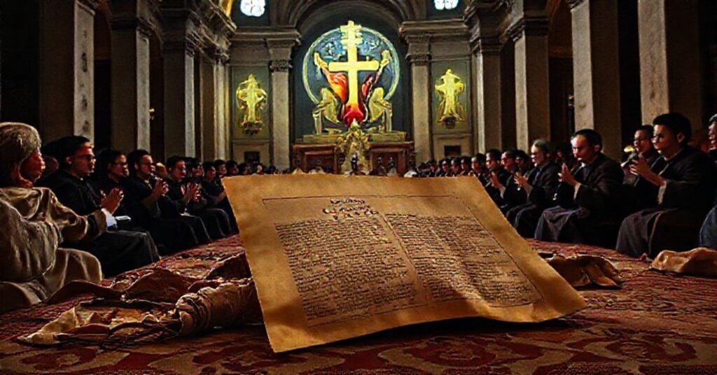 A solemn Catholic scene depicting the subversion of Christ's kingship in EWTN's docuseries with conciliar modernists in Roman basilicas.