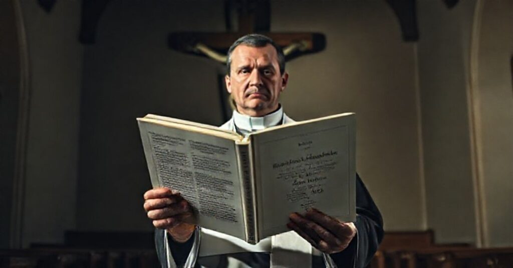 A Catholic priest in a traditional cassock holds a book titled 'The Scientific Evidence that Jesus Is God' by José Carlos González-Hurtado, standing in a dimly lit church with a crucifix in the background.