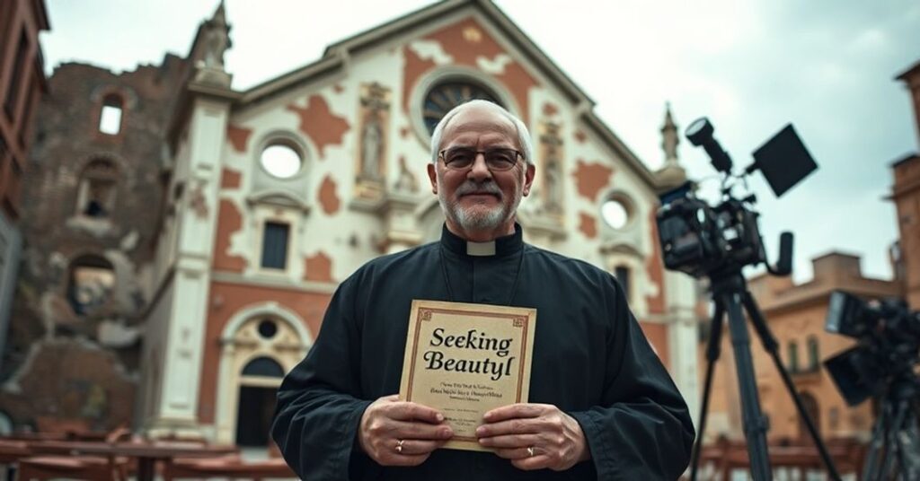 A sedevacantist priest stands before a decaying Roman basilica holding an EWTN brochure for 'Seeking Beauty,' contrasting traditional Catholicism with modern media superficiality.
