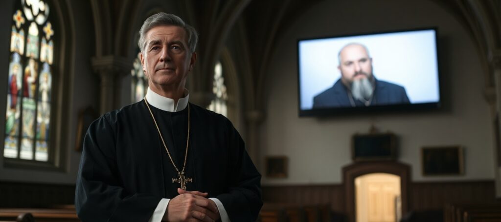 Traditional Catholic priest in a historic Swedish church contrasting with modern EWTN media symbols