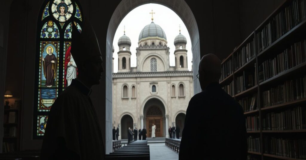 Scene of interfaith dialogue in Algeria's repurposed cathedral, symbolizing betrayal of Catholic missionary mandate.