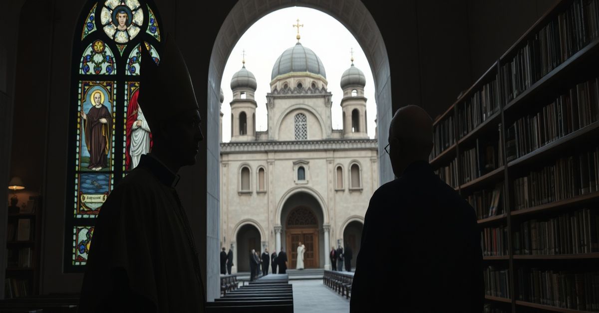 Scene of interfaith dialogue in Algeria's repurposed cathedral, symbolizing betrayal of Catholic missionary mandate.