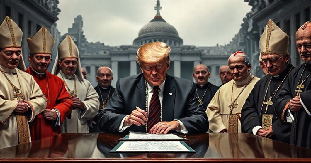Executive Order on Foster Care: A Superficial Relief Amidst Structural Apostasy President Trump signs an executive order on foster care surrounded by Catholic bishops in traditional vestments, highlighting the spiritual crisis in modern governance.