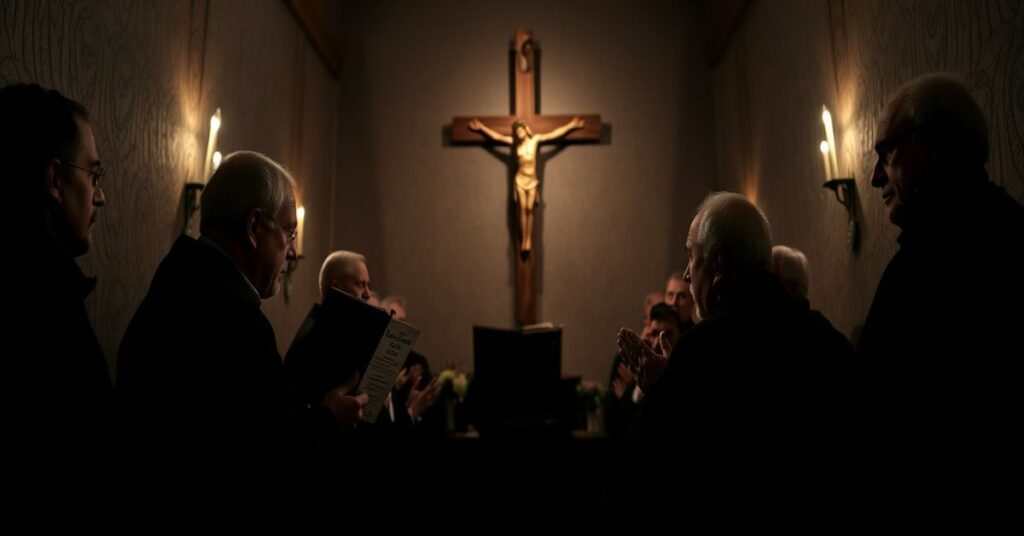 Traditional Catholic exorcists praying in a chapel, emphasizing the need for true spiritual warfare against demonic forces.