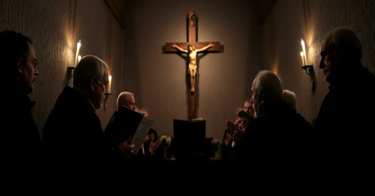 Traditional Catholic exorcists praying in a chapel, emphasizing the need for true spiritual warfare against demonic forces.