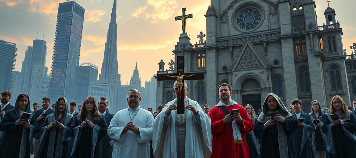 A group of traditional Catholics standing before a modernist church with AI-themed murals, contrasting faith with humanistic technology.