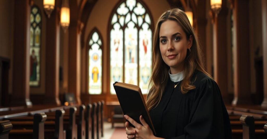 Catholic counselor Kaley Chiles in a church sanctuary with a Bible, symbolizing the conflict between divine law and secular authority in the Supreme Court ruling on 'conversion therapy'.