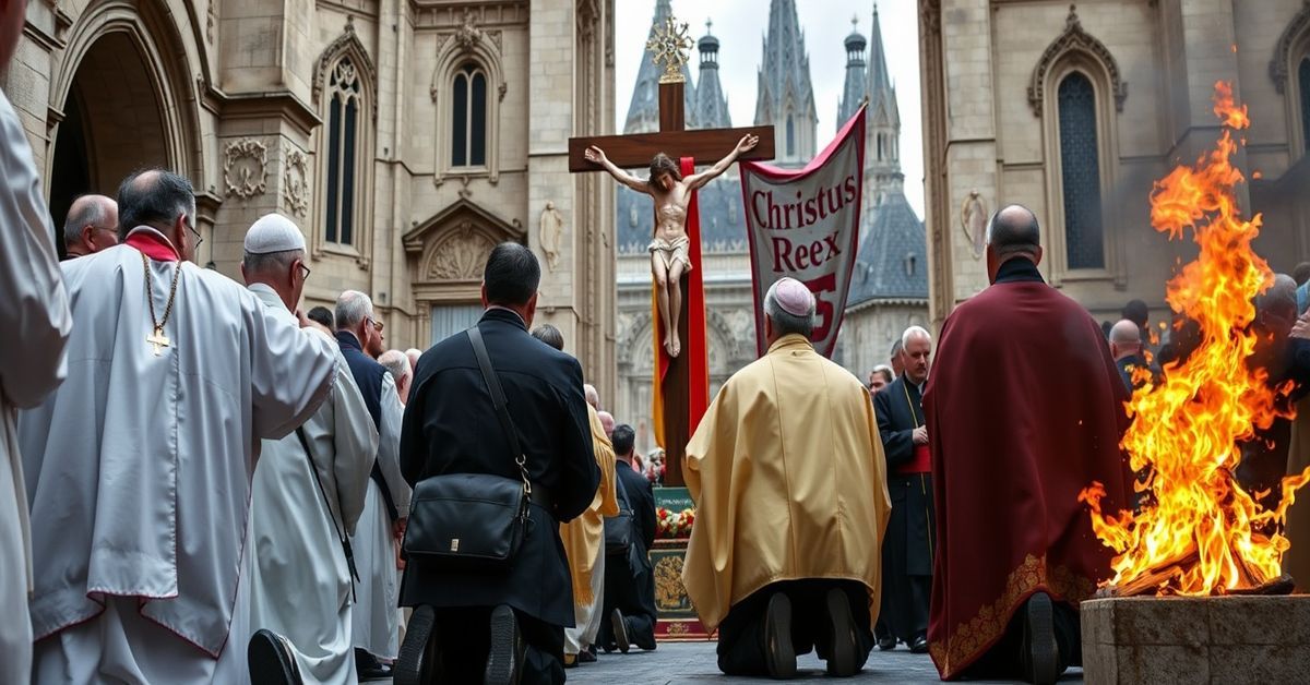 A Catholic procession with faithful kneeling before a crucifix, symbolizing true faith amidst modernist apostasy.