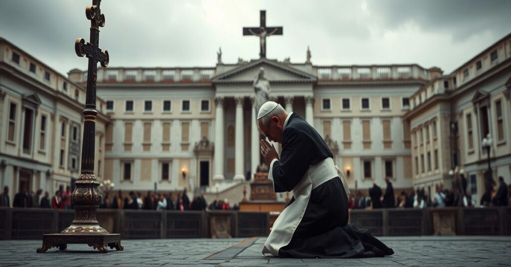 Traditional Catholic priest praying before crucifix in empty Vatican square, symbolizing resistance against modern apostasy.