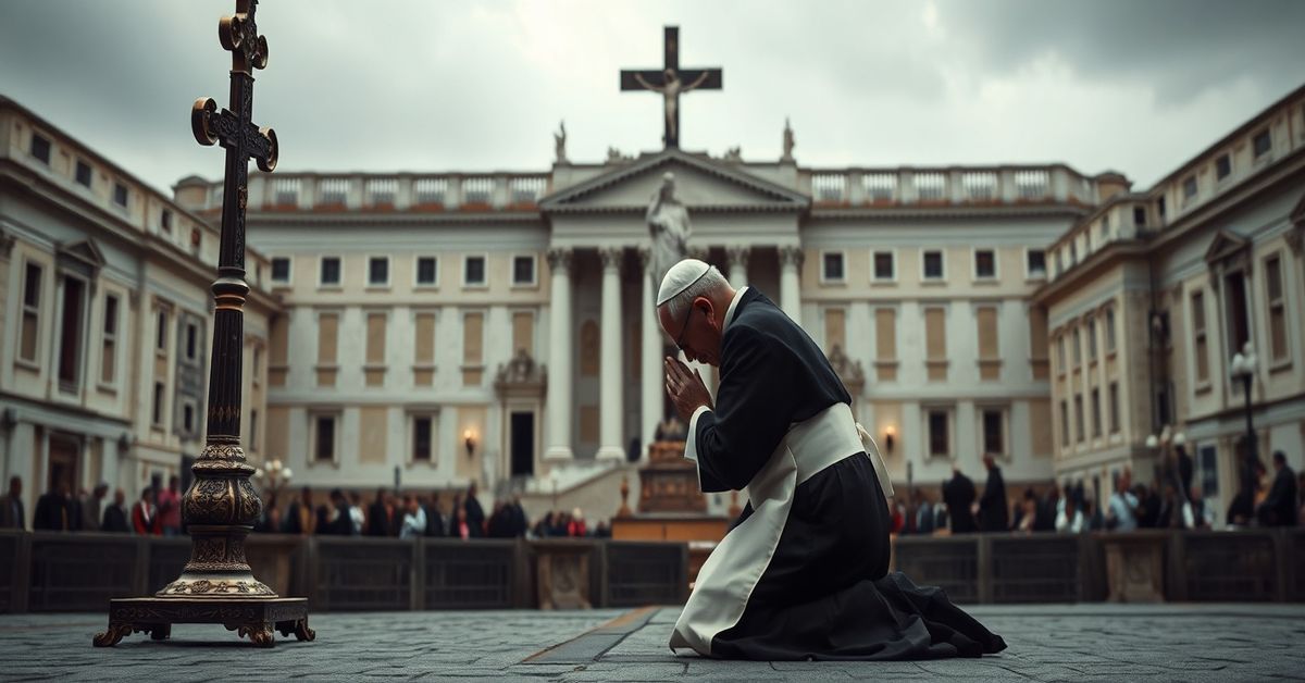 Traditional Catholic priest praying before crucifix in empty Vatican square, symbolizing resistance against modern apostasy.