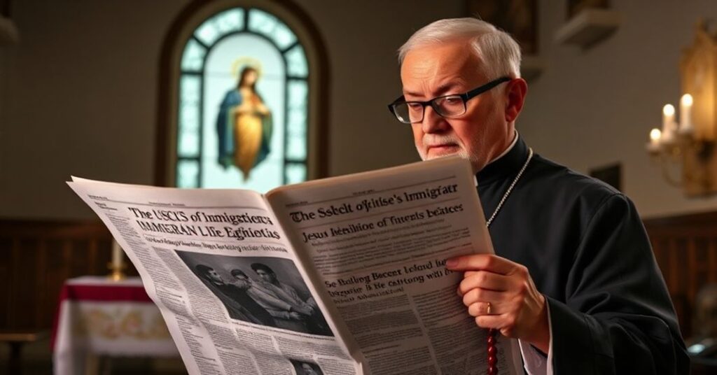 A traditional Catholic priest in a church reading a newspaper about USCCB's immigration stance with the Sacred Heart of Jesus on the altar.