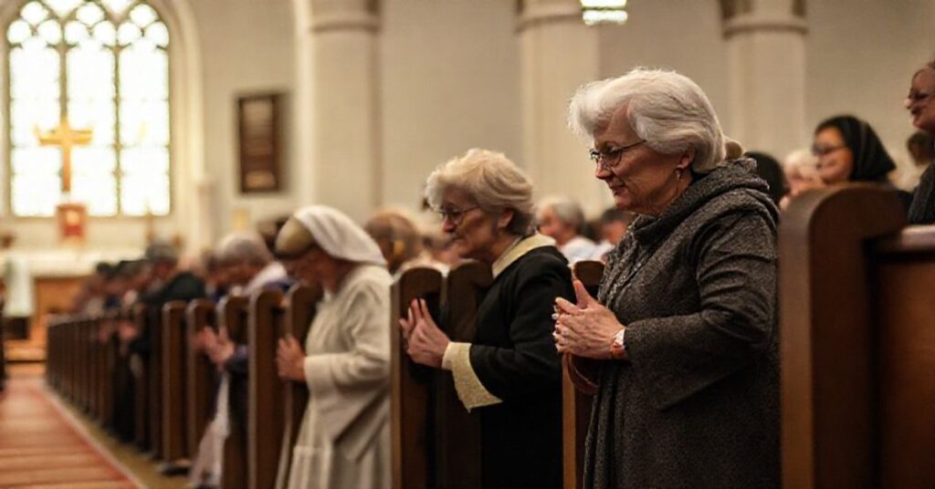 Elderly women kneeling at an altar rail in a Catholic church, defying Bishop Michael Martin's ban on kneelers in the Charlotte Diocese.